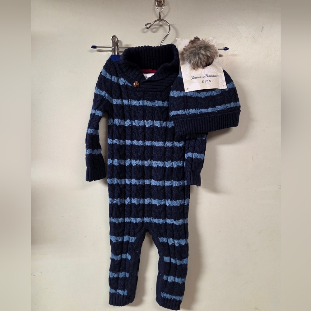 Tommy Bahama Kids Navy and Blue Striped Footie with Hat